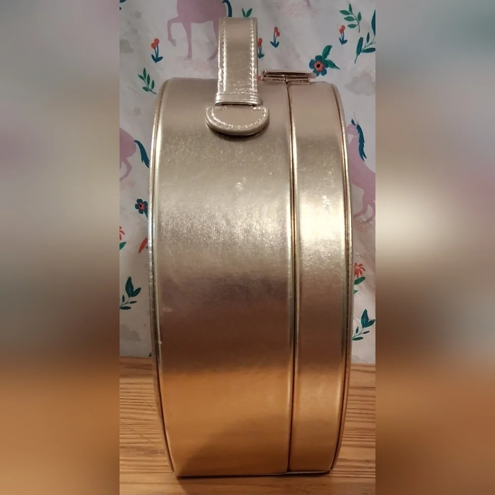 EUC Bobbi Brown Metallic Gold Hard Round Cosmetic Beauty Makeup Travel Case Bag